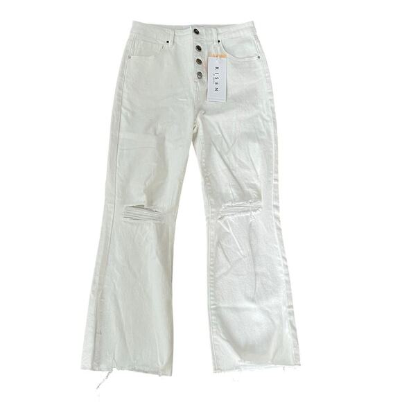 Risen Denim - Risen High-Waisted Flare Distressed White Jeans – Size 11 Waist 30